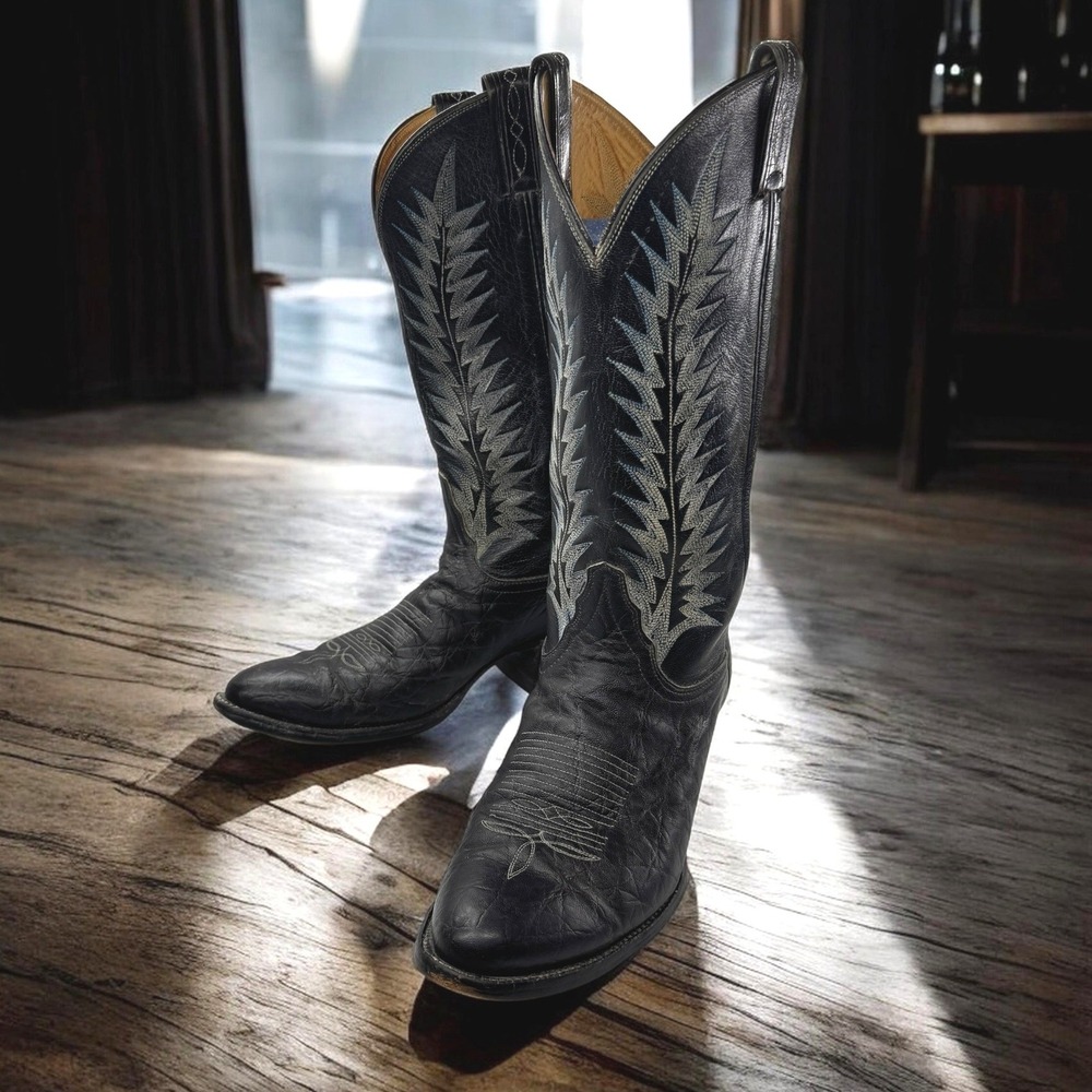 Vintage Tony Lama 8612 Cowboy Boots Men 9 Black Elephant Print Leather Western